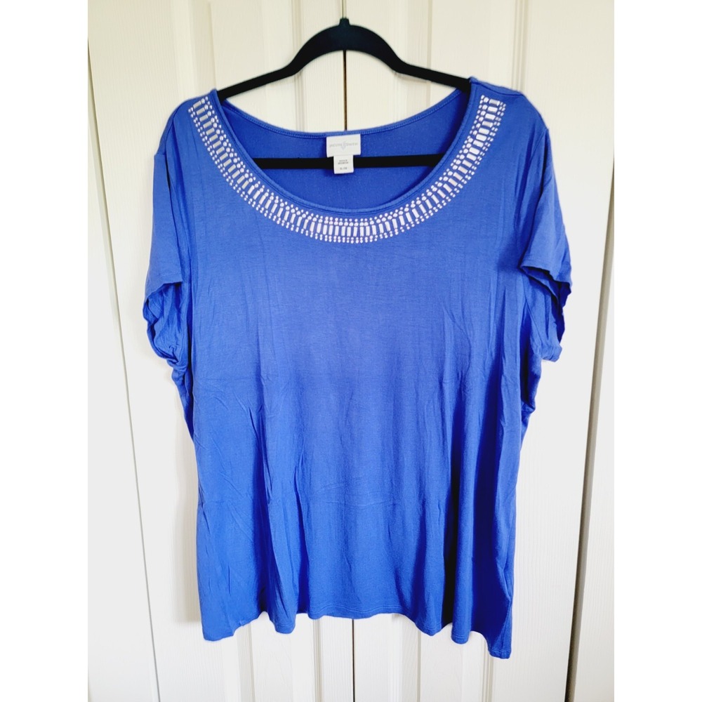 Jaclyn Smith Womens XL Blue Rayon Blend‎ Slinky Stretch Short Sleeve Top NWOT